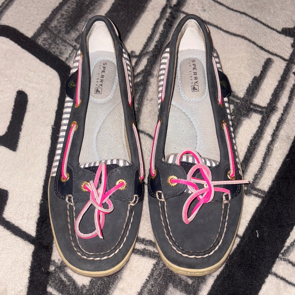 Sperry Women's Navy Gray Boat Shoes with Pink Accents